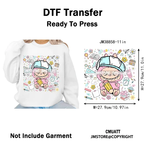 Floral Cute Checkered Cartoon Monster Character Iron on DTF Washable Transfers Stickers Designs Ready to Press for Textile Bags