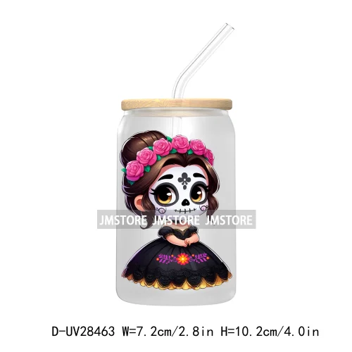 Cute Latina Cartoon Princess Baby Girl UV DTF Transfer Stickers Decals For Libbey Cold Cups Mug Tumbler Labels Sugar Skull Woman