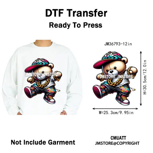 12in Cartoon Gangster Hip Hop Streetwear Teddy Bear Lover Designs Iron on DTF Heat Transfers Stickers Ready to Press for Hoodies