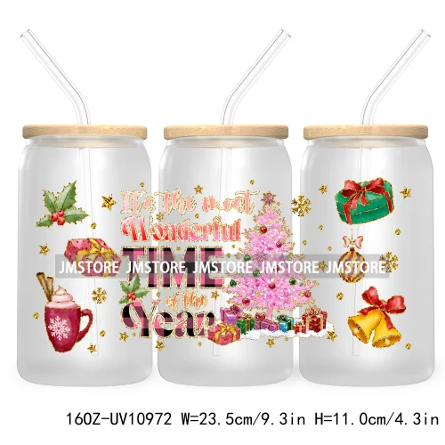 Coquette Glitter Holly Jolly Christmas Tree UV DTF Cup Wrap For Libbey Glass Can Transfer Stickers Waterproof Custom Labels Gift