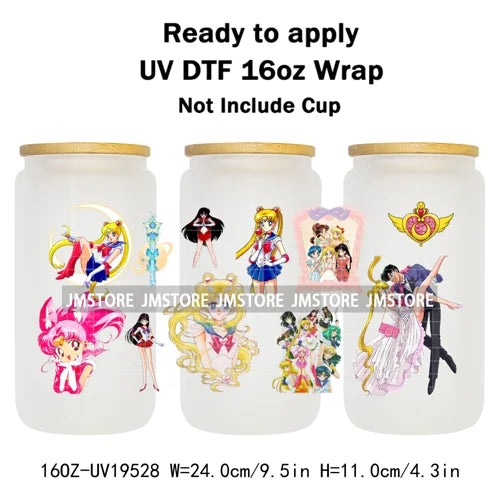 Sailor Girls Inspired Anime Fan Cartoon Characters UV DTF Transfer Sticker Cup Tumbler Wrap For 16OZ Libbey Glass Wraps Bottle