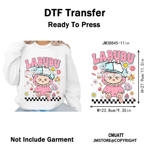 Floral Cute Checkered Cartoon Monster Character Iron on DTF Washable Transfers Stickers Designs Ready to Press for Textile Bags