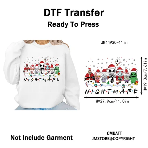 New Nightmare Horror Christmas Movie Characters Lover Iron on Washable DTF Heat Transfers Stickers Ready to Press for Clothes