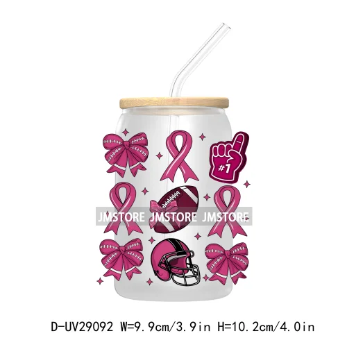 Football Pink Out Breast Cancer Awareness UV DTF Transfer Stickers Decals For Libbey Cold Cups Mugs Tumbler Coquette Bow Ribbon