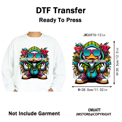 12in Cool Urban Trap Style King Animal Rich Ducks With Gold Chain Iron on DTF Heat Transfer Sticker Ready to Press for Clothing