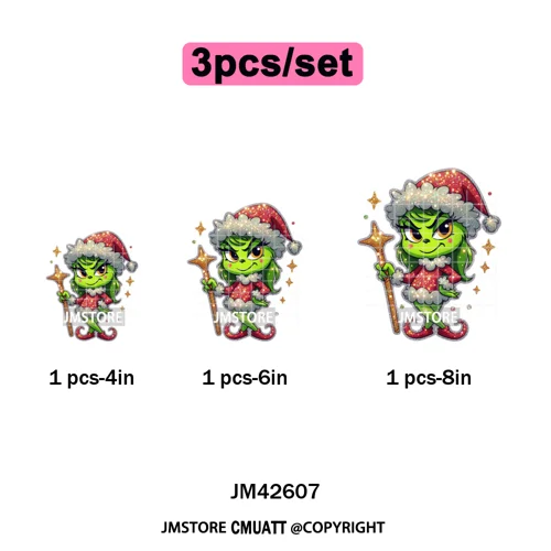 Faux Glitter Cartoon Christmas Movie Green Santa Kid Girly Xmas Iron on DTF Washable Transfer Sticker Ready to Press for Textile