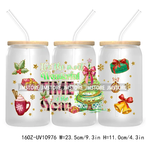 Coquette Glitter Holly Jolly Christmas Tree UV DTF Cup Wrap For Libbey Glass Can Transfer Stickers Waterproof Custom Labels Gift