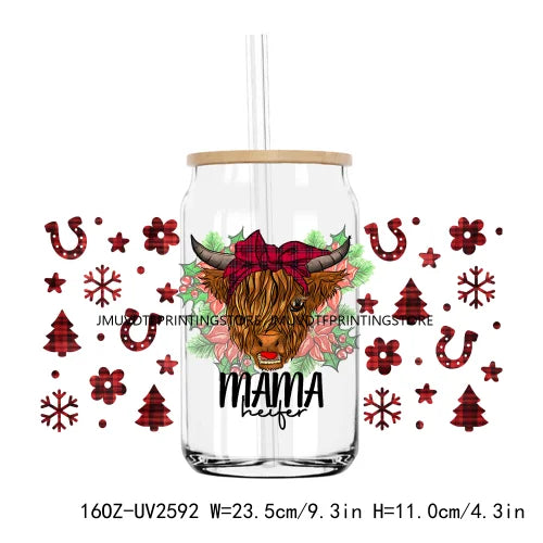 Western Christmas Highland Cow 16OZ UV DTF Cup Wrap Transfers Stickers Custom Labels DIY Waterproof Logo For Libbey Glass Can