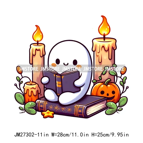 Here For The Boos Book Lover Reading Bougie Cat Dog Ghost Halloween Pumpkin DTF Decals Iron On Transfers Stickers For T-shirts