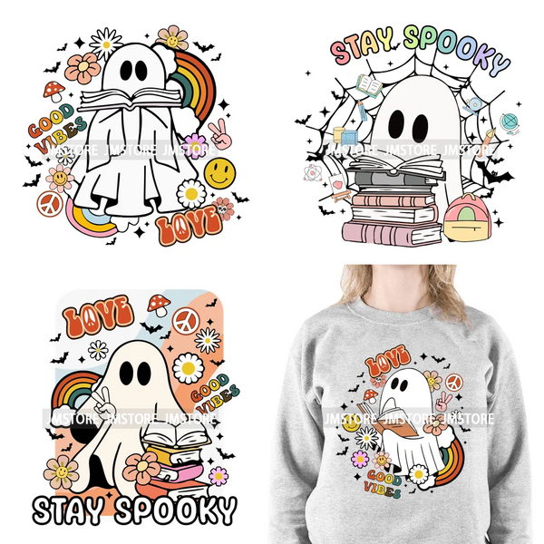 Diy Spooky Ghost Love Reading More Books Good Vibes Halloween Decals DTF Iron On Transfers Stickers Ready To Press For T-shirts