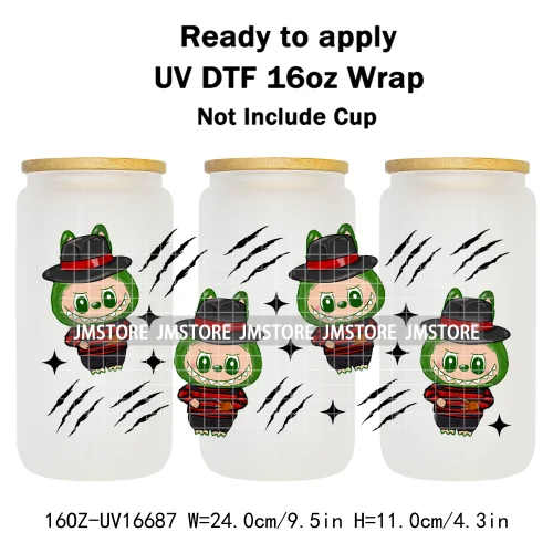 Laboo Cartoon Horror Halloween Characters 16OZ UV DTF Cup Wraps Ready To Apply Waterproof Transfer Stickers For Libbey Glass Can