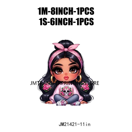 Pink Bow Long Hair Chibi Cute Chicana Doll Girls With Earing Washable Iron On DTF Transfers Stickers Designs For Sweatshirt