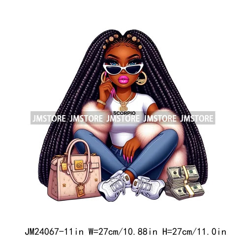 Afro Girl With Purse Money Zodiac Astrology Horoscope Urban Hip Hop Rich Black Melanin Iron On DTF Transfer Stickers For Hoodies