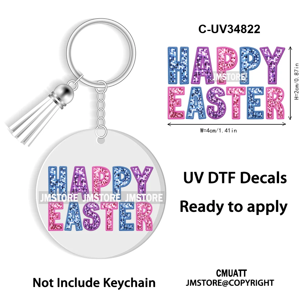 Faux Sequin Glitter Happy Easter Bow Retro Easter Bunny Blowing Bubble UV DTF Stickers for Round Circle Acrylic Keychain Keyring