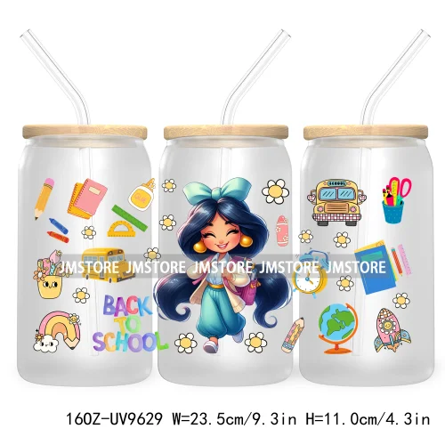 Back To School Cartoon Princess 16OZ UV Cup Wrap DTF Transfer Sticker For Libbey Glass Can Cups Tumbler Waterproof Label Teacher