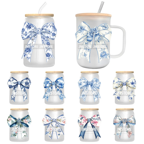 Blue Chinoiserie Coquette Bow UV Sticker Decals For Libbey Cold Cups Mug Tumbler Transfer Stickers Waterproof Top Quality Prints