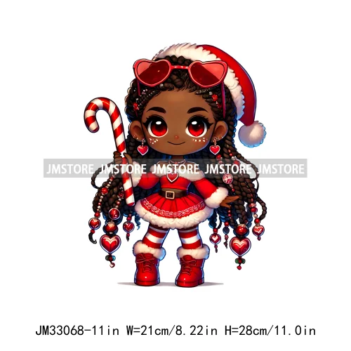 Chibi Candy Santa Girl African American Characters Merry Christmas Gift Iron On DTF Transfer Stickers Ready To Press For Clothes