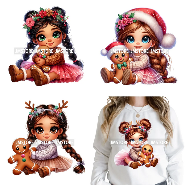 Holly Hispanic Girls Santa Mexican Christmas Gingerbread Doll Iron on Washable DTF Transfer Stickers Ready to Press for Textiles