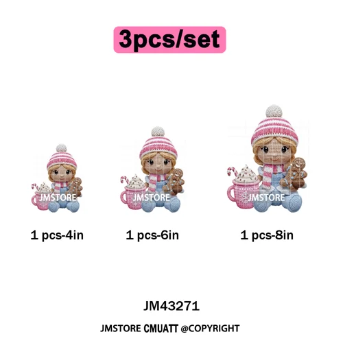 Faux Yarn Pink Hot Cocoa Cartoon Character Santa Cozy Christmas Iron on  DTF Transfers Stickers Ready to Press for T-shirts Bags