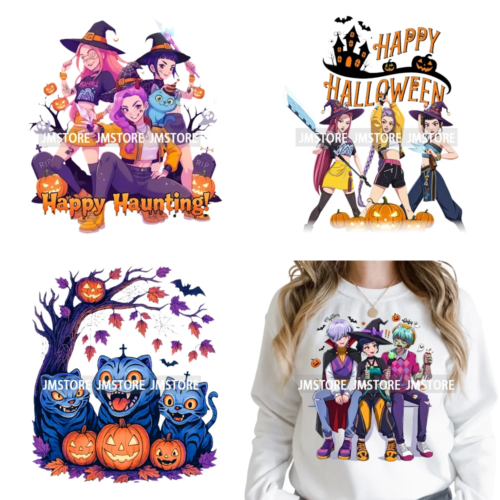 Happy Hunting Halloween Kpop Pumpkin Witch Boys Girl Dinner Iron on DTF Washable Transfers Stickers Ready to Press for T-shirts