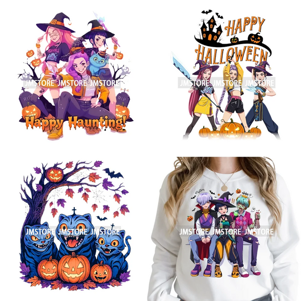 Happy Hunting Halloween Kpop Pumpkin Witch Boys Girl Dinner Iron on DTF Washable Transfers Stickers Ready to Press for T-shirts