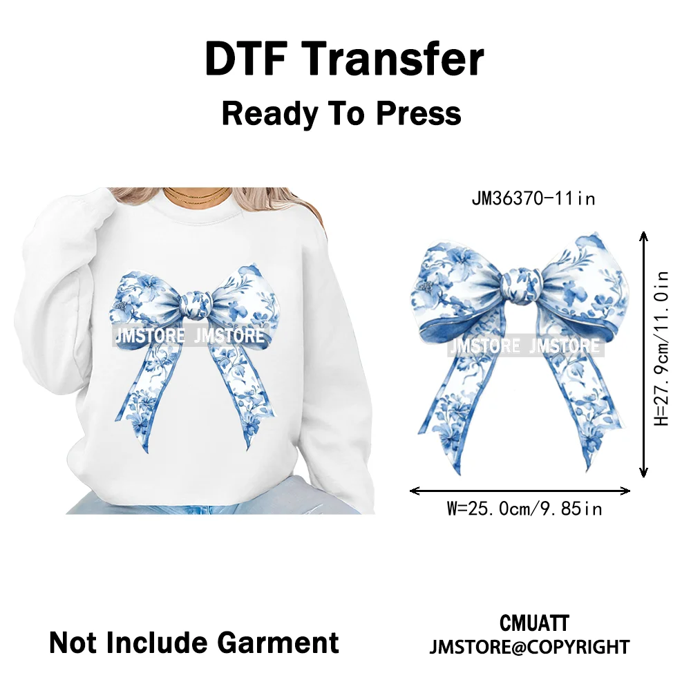Blue And White Toile Chinoiserie Floral Coquette Bow Thermal Decals Iron on DTF Transfers Stickers Ready to Press for Clothing