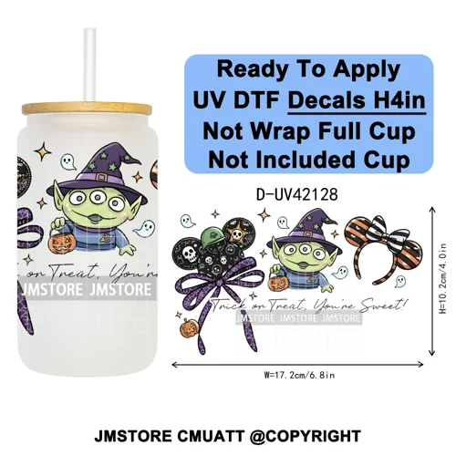 Spooky Halloween Mouse Ears Cartoon Character UV DTF Transfer Sticker Decals Ready To Apply Waterproof For 16OZ Libbey Glass Can