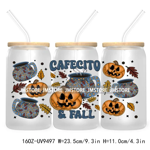 Cafecito Fall Latina Halloween 16OZ UV DTF Cup Wrap Transfer Stickers Custom Labels Durable Waterproof Logo For Libbey Glass Can