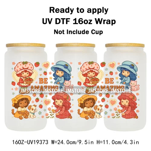 Strawberry Girls Cartoon Magic Mirror UV DTF Transfer Sticker Cup Tumbler Wrap For 16OZ Libbey Glass Wraps Bottle Mug DIY Labels