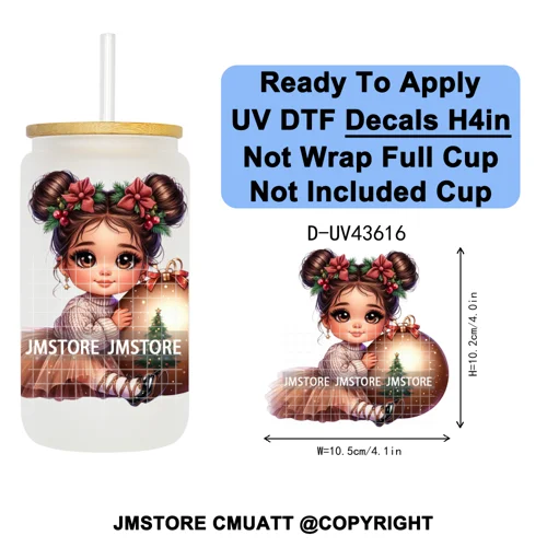 Chibi Cute Mexican Christmas Baby Girl UV DTF Decals Ready To Apply Waterproof Transfer Stickers For 16OZ Libbey Glass Can Mugs