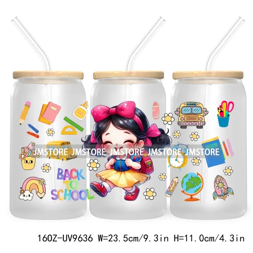 Back To School Cartoon Princess 16OZ UV Cup Wrap DTF Transfer Sticker For Libbey Glass Can Cups Tumbler Waterproof Label Teacher