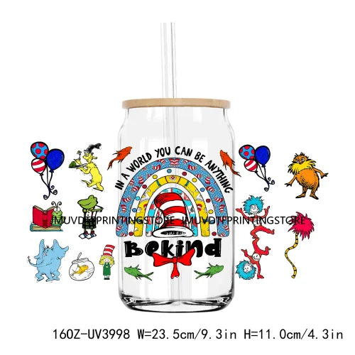 Cartoon Dr Seuss Love Reading Books UV DTF Sticker For 16OZ Libbey Glass Cup Can Wrap Transfer Sticker Custom Labels DIY Logo