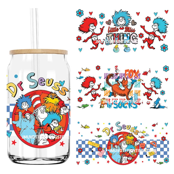 Cartoon Dr Seuss Love Reading Books UV DTF Sticker For 16OZ Libbey Glass Cup Can Wrap Transfer Sticker Custom Labels DIY Logo