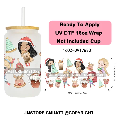Christmas Cartoon Princess Merry Greenmas 16OZ UV DTF Cup Wraps Ready To Apply Waterproof Transfer Stickers For Libbey Glass Can