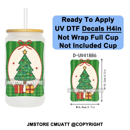 Preppy Christmas Stamps Xmas Card UV DTF Transfer Stickers Decals Ready To Apply Waterproof For 16OZ Libbey Glass Can Tumbler