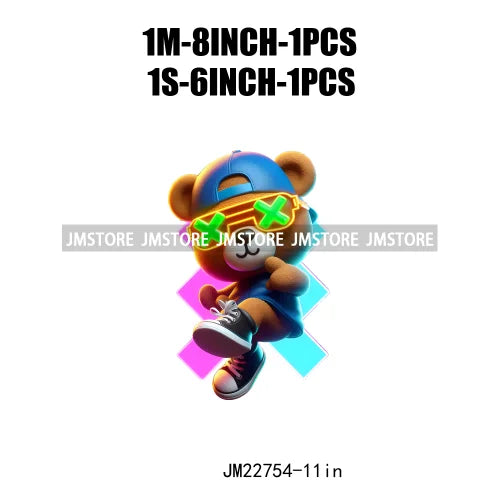 Cool Neon Colorful Hip Hop Streetwear Urban Teddy Bear Iron On DTF Transfers Stickers Ready To Press For Clothing Bags