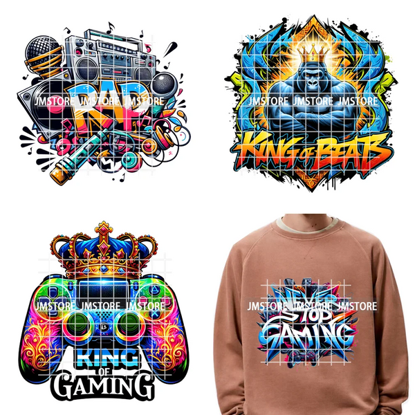 12in Old School Rap Hip Hop Music King Gaming Urban Vibes Graffiti Iron on DTF Heat Transfer Stickers Ready to Press for T-shirt