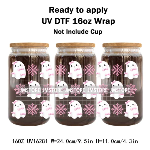 Cute Halloween Ghost Black Cat UV DTF Wraps Transfer Sticker Selfadhesive Waterproof Prints For 16OZ Libbey Glass Can Tumbler