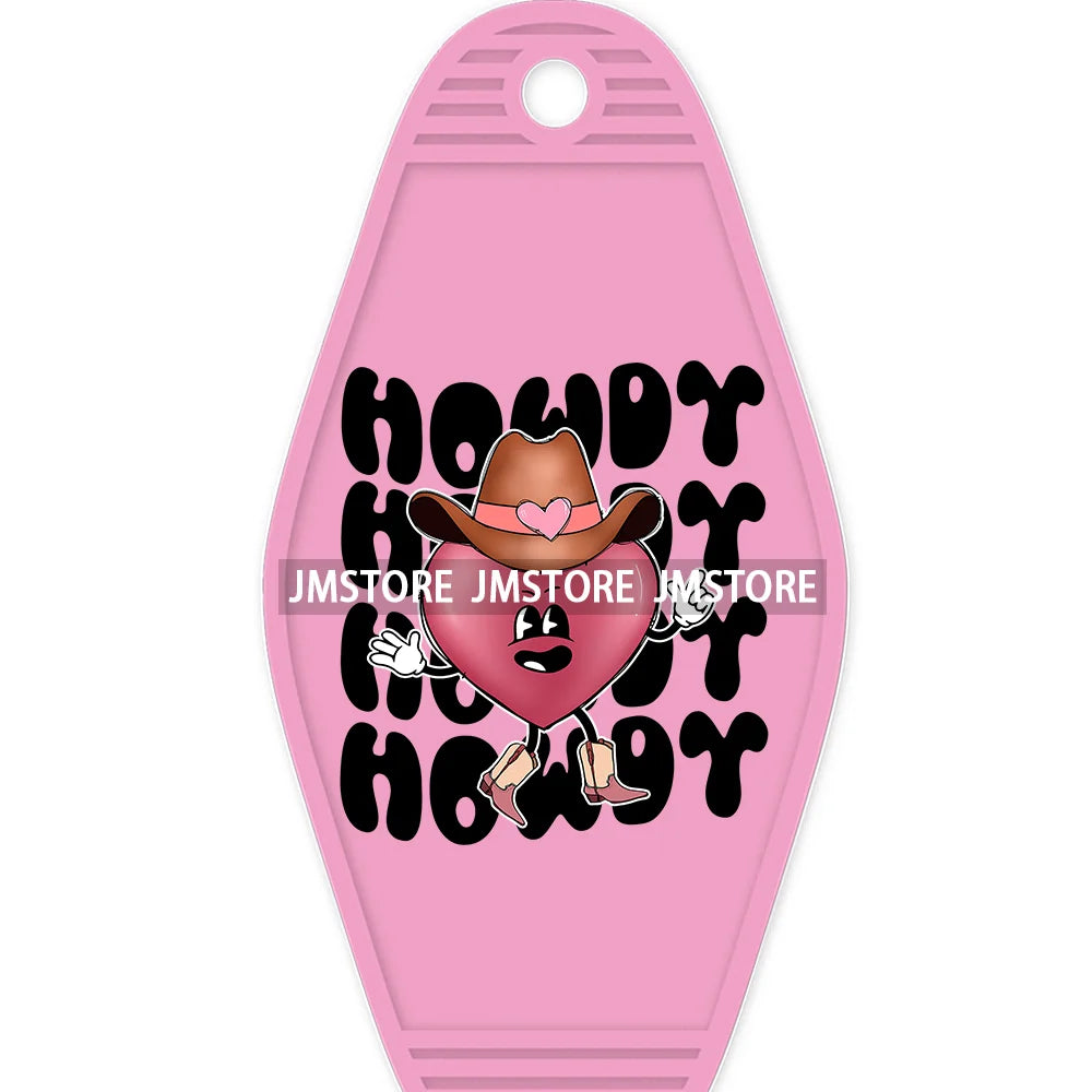 Pink Cowgirl Valentine's Day Candy Hearts High Quality WaterProof UV DTF Sticker For Motel Hotel Keychain Leopard Love Vibes