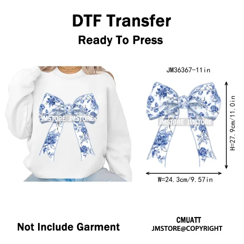 Blue And White Toile Chinoiserie Floral Coquette Bow Thermal Decals Iron on DTF Transfers Stickers Ready to Press for Clothing
