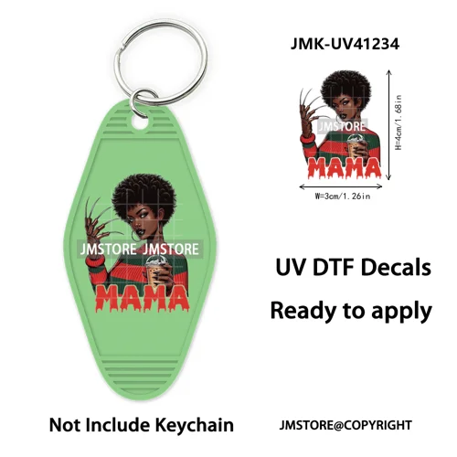Horror Character Mama Coffee Lover UV DTF Motel Keychain Decal Ready To Ship Durable Transfer Stickers Prints For Hotel Keychain