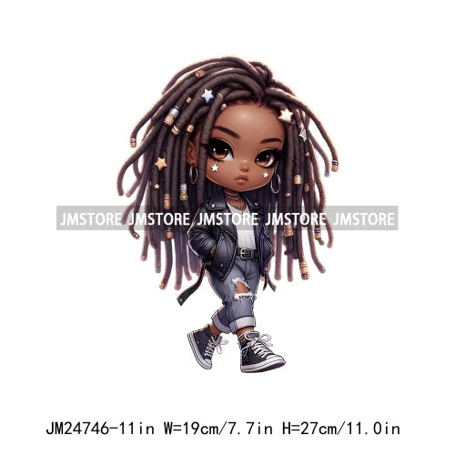 Dreadlocks Coffee Chibi Black Girls Pink Fashion African American Denim Girl Iron On DTF Heat Press Transfer Stickers For Shirts