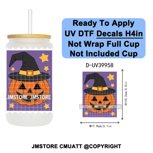 Halloween Stamps Trick Or Treat UV DTF Decals Ready To Apply Waterproof Transfer Stickers DIY Crafts For 16OZ Libbey Glass Can