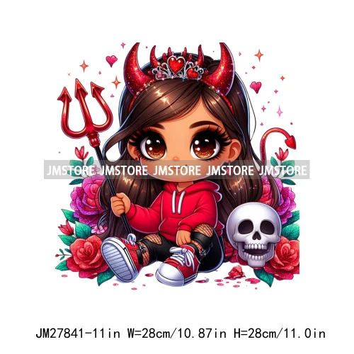 Chibi Cute Halloween Devil Latina Baby Hispanic Girls Skull Red Rose DTF Iron On Transfer Stickers Ready To Press For Sweatshirt