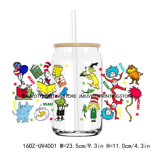 Cartoon Dr Seuss Love Reading Books UV DTF Sticker For 16OZ Libbey Glass Cup Can Wrap Transfer Sticker Custom Labels DIY Logo