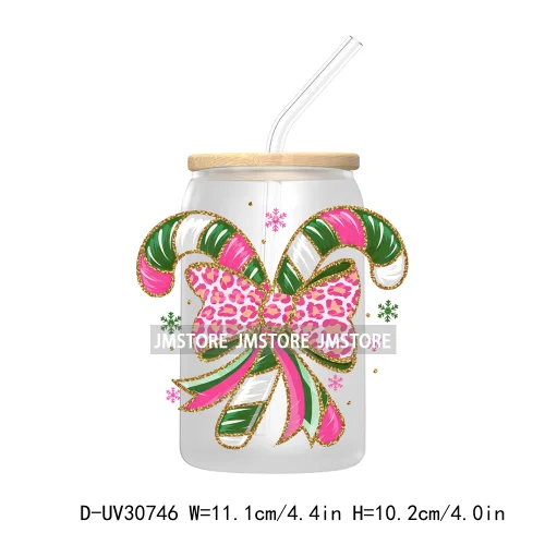 Colorful Coquette Glitter Bow Candy Cane Christmas UV DTF Transfer Stickers Decals For Libbey Cold Cups Mugs Tumbler Waterproof