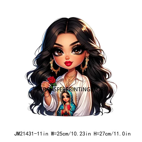 Chibi Cute Chicana Doll Guadalupe Lady Skull Latina Woman Cold Peel Decals Iron On DTF Transfers Stickers For Shirts Bags Pillow