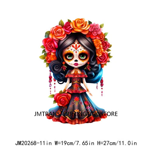 Cute Doll La Catrina Day Of The Dead Sugar Skull Mexican Halloween Iron On DTF Transfer Stickers Ready To Press For Hoodies Bags