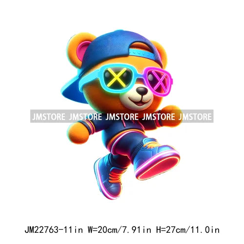 Cool Neon Colorful Hip Hop Streetwear Urban Teddy Bear Iron On DTF Transfers Stickers Ready To Press For Clothing Bags