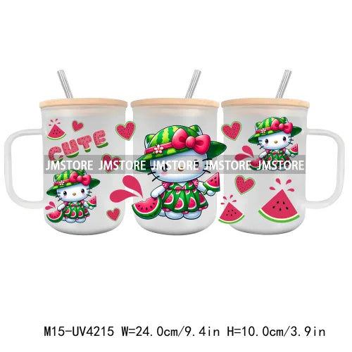 Cartoon Best Friends UV DTF Glass Can Wrap For 15OZ Mug Glass Cup Transfer Stickers DIY Custom Logo Labels Cute Cat Sunflowers